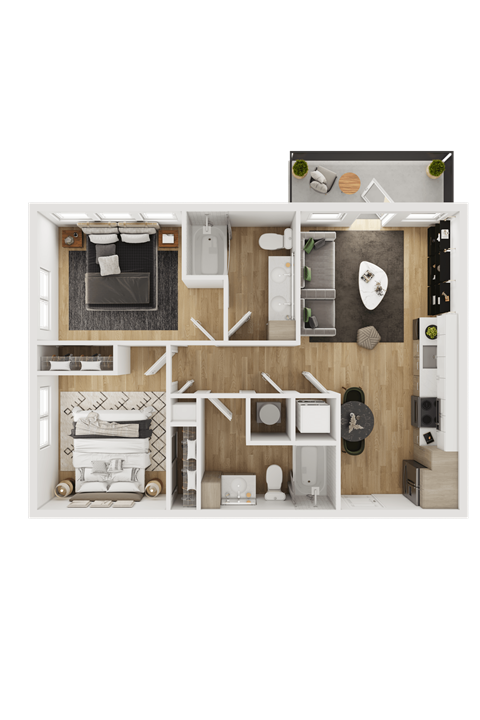 Floor plan for 2 beds, 2 baths, 800 sqft